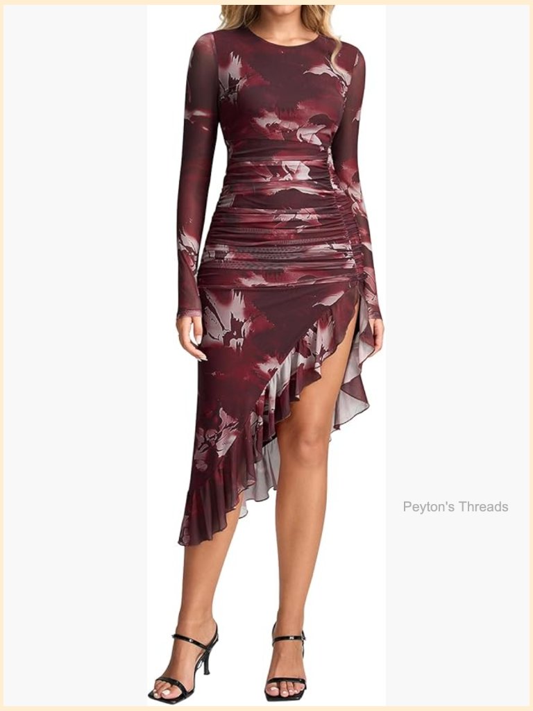 Long Sleeve Floral Midi Dress Ruffle Slit Ruched Bodycon